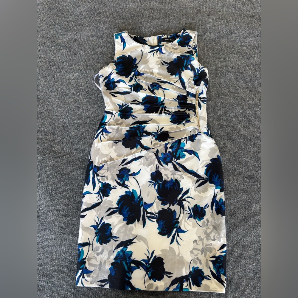 Ivanka Trump White Midi Dress with Blue & Black Floral Print